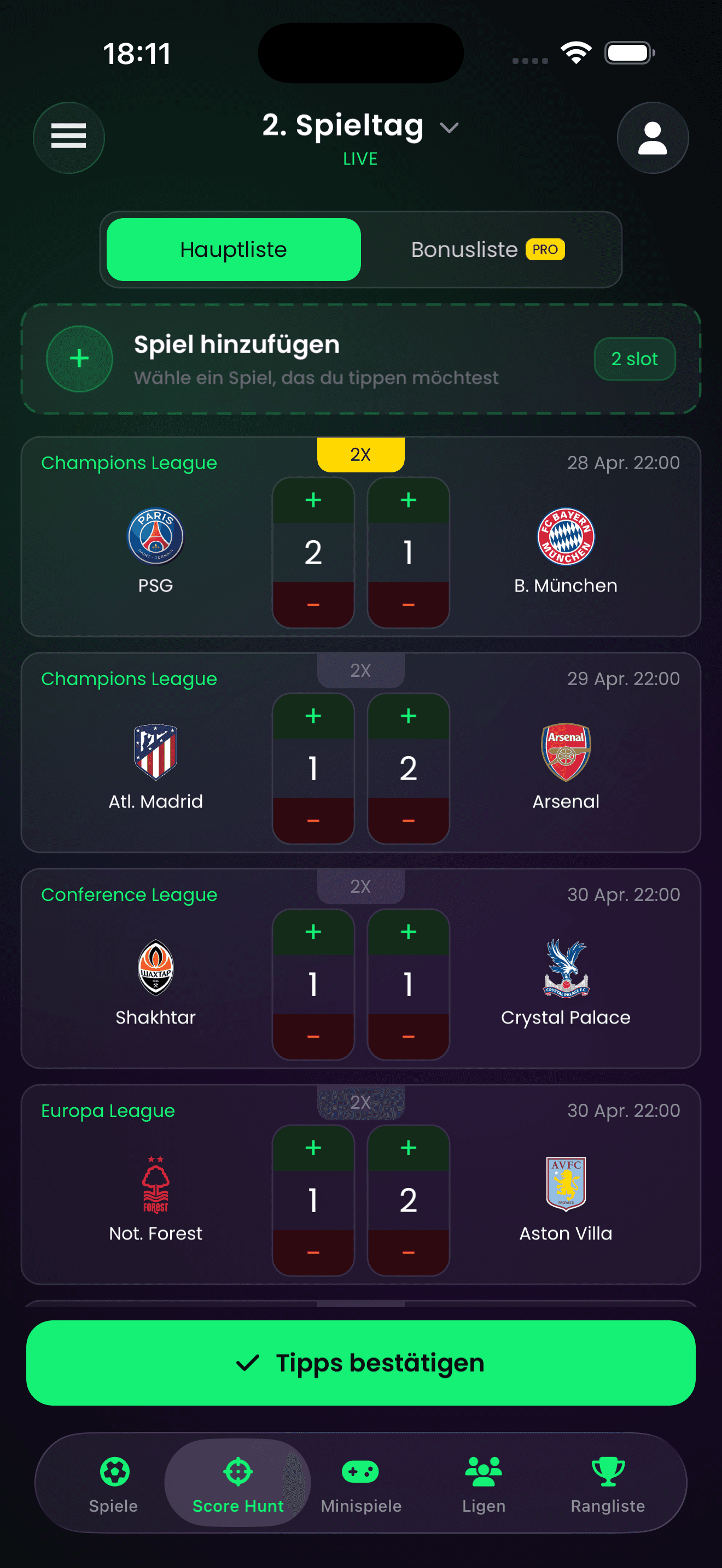 ScoreHunter app screen — Score Hunt prediction list