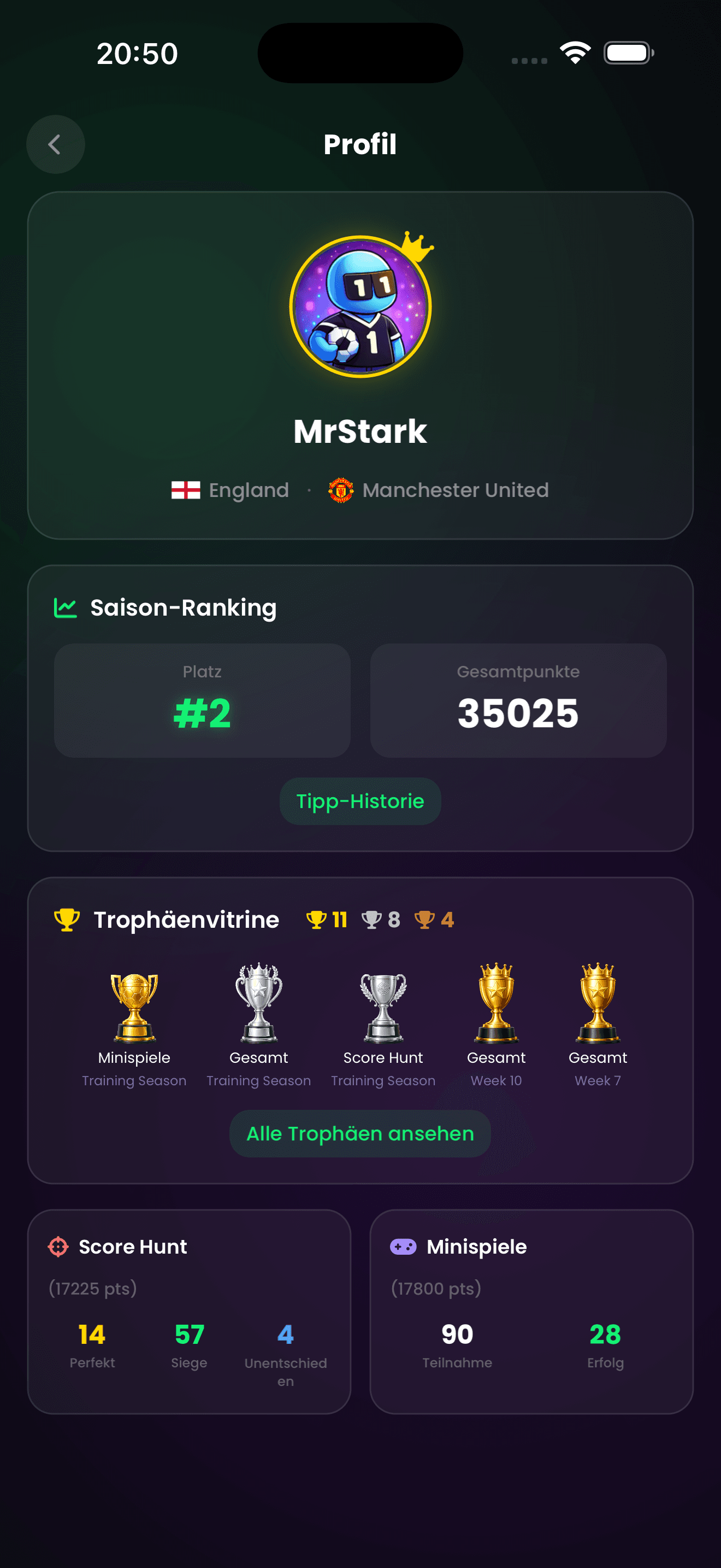 ScoreHunter app screen — user profile