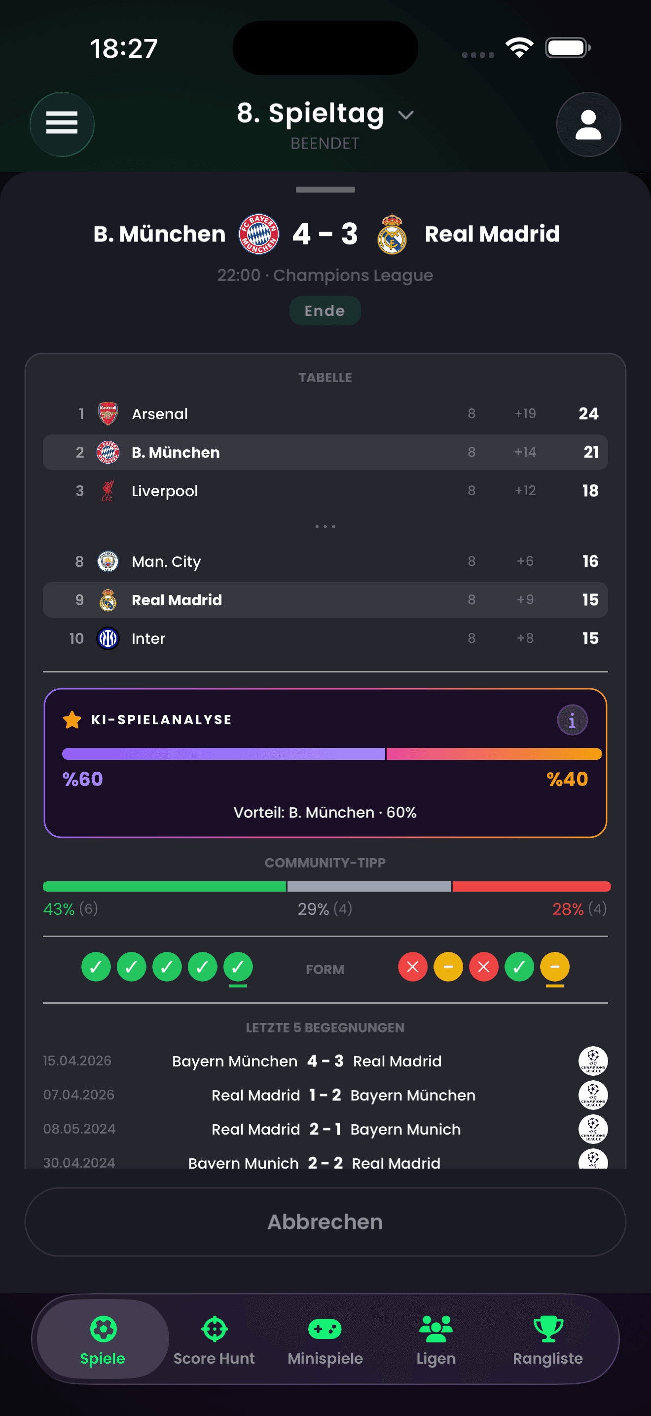 ScoreHunter app screen — match details
