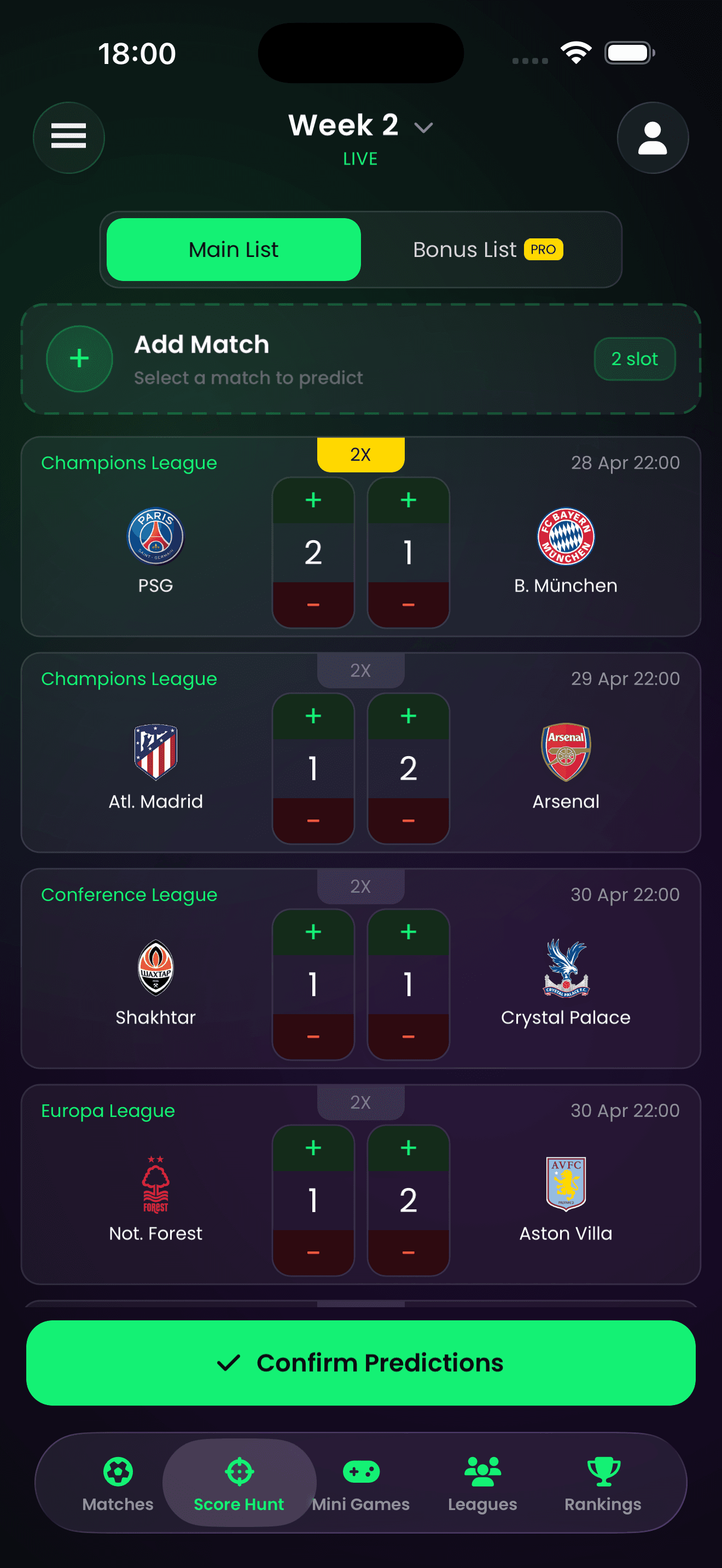 ScoreHunter app screen — Score Hunt prediction list