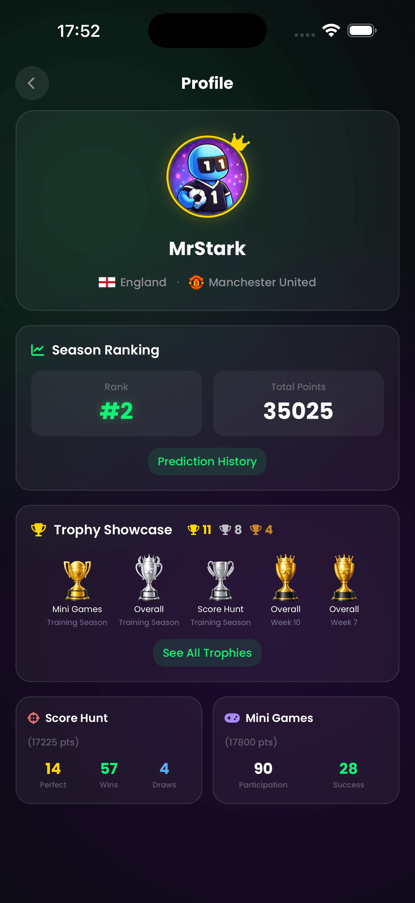 ScoreHunter app screen — user profile