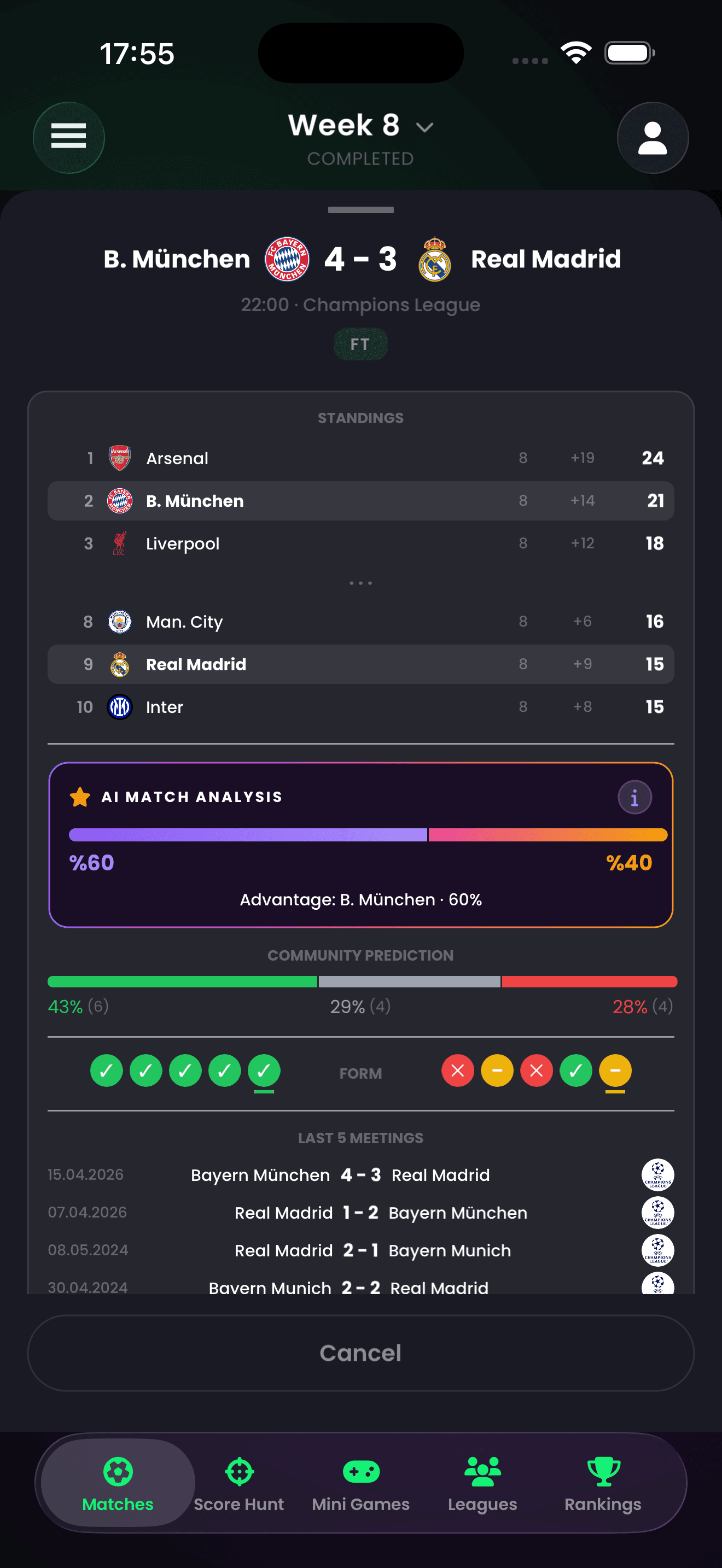 ScoreHunter app screen — match details