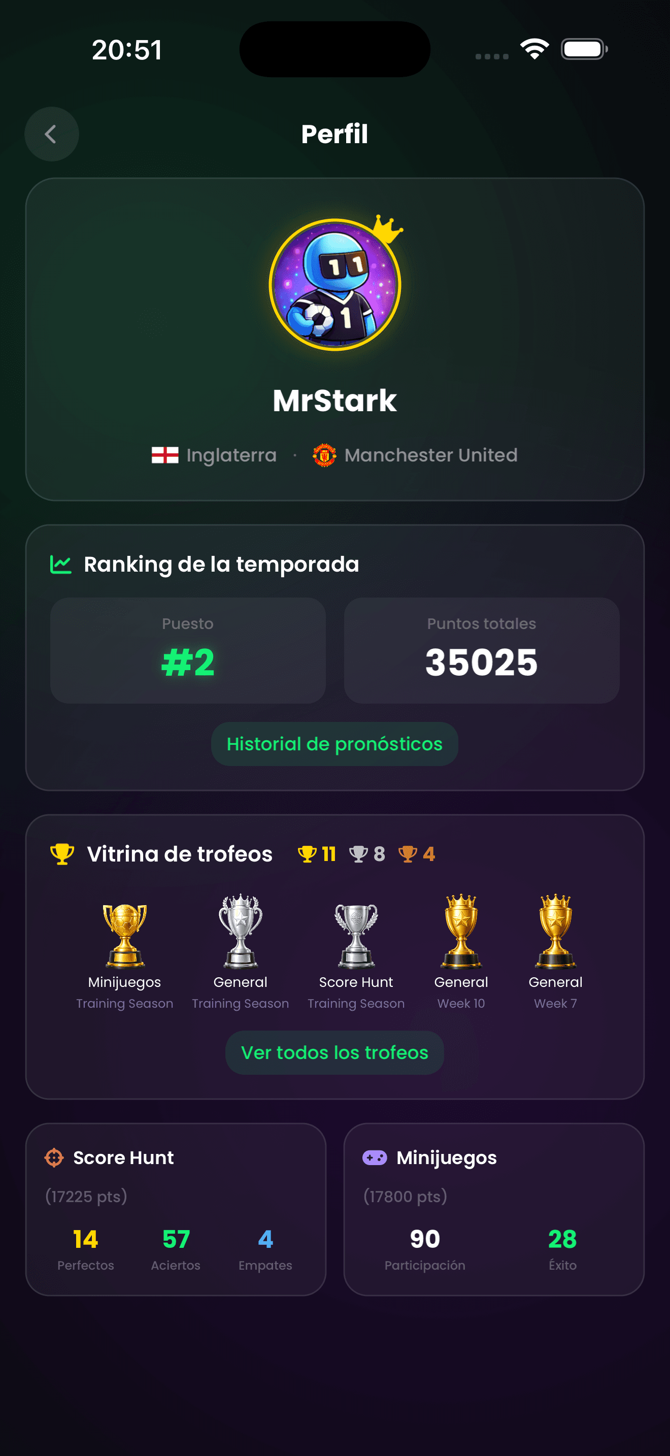 ScoreHunter app screen — user profile