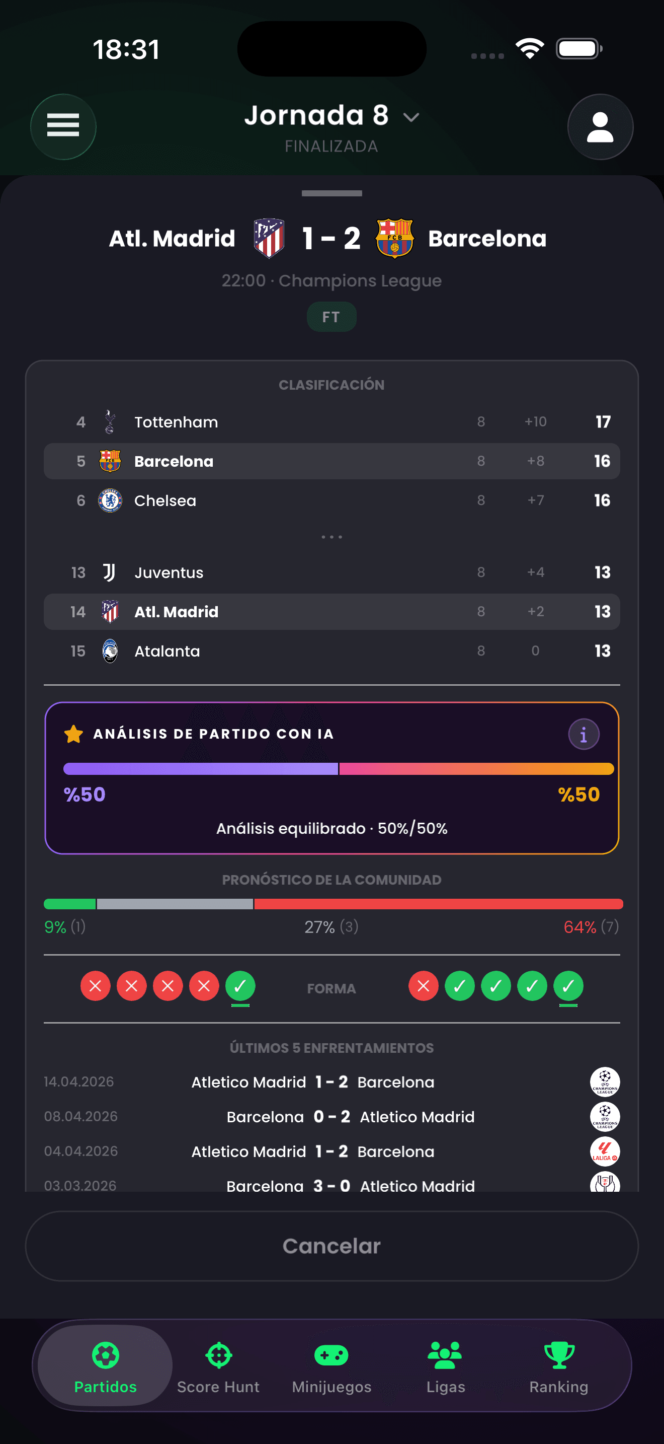 ScoreHunter app screen — match details