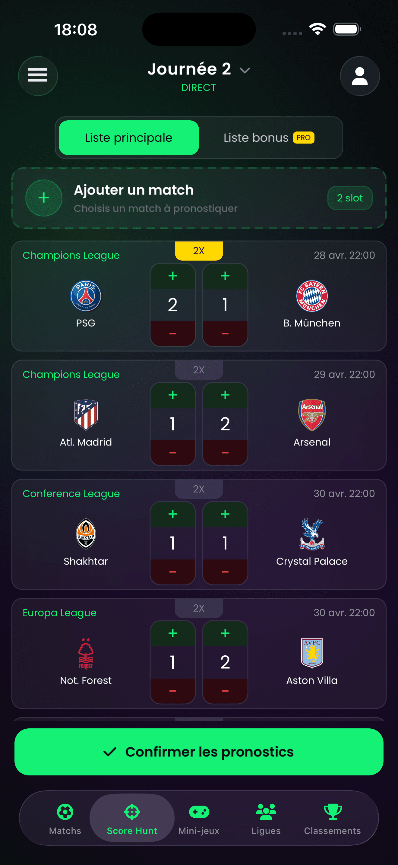 ScoreHunter app screen — Score Hunt prediction list