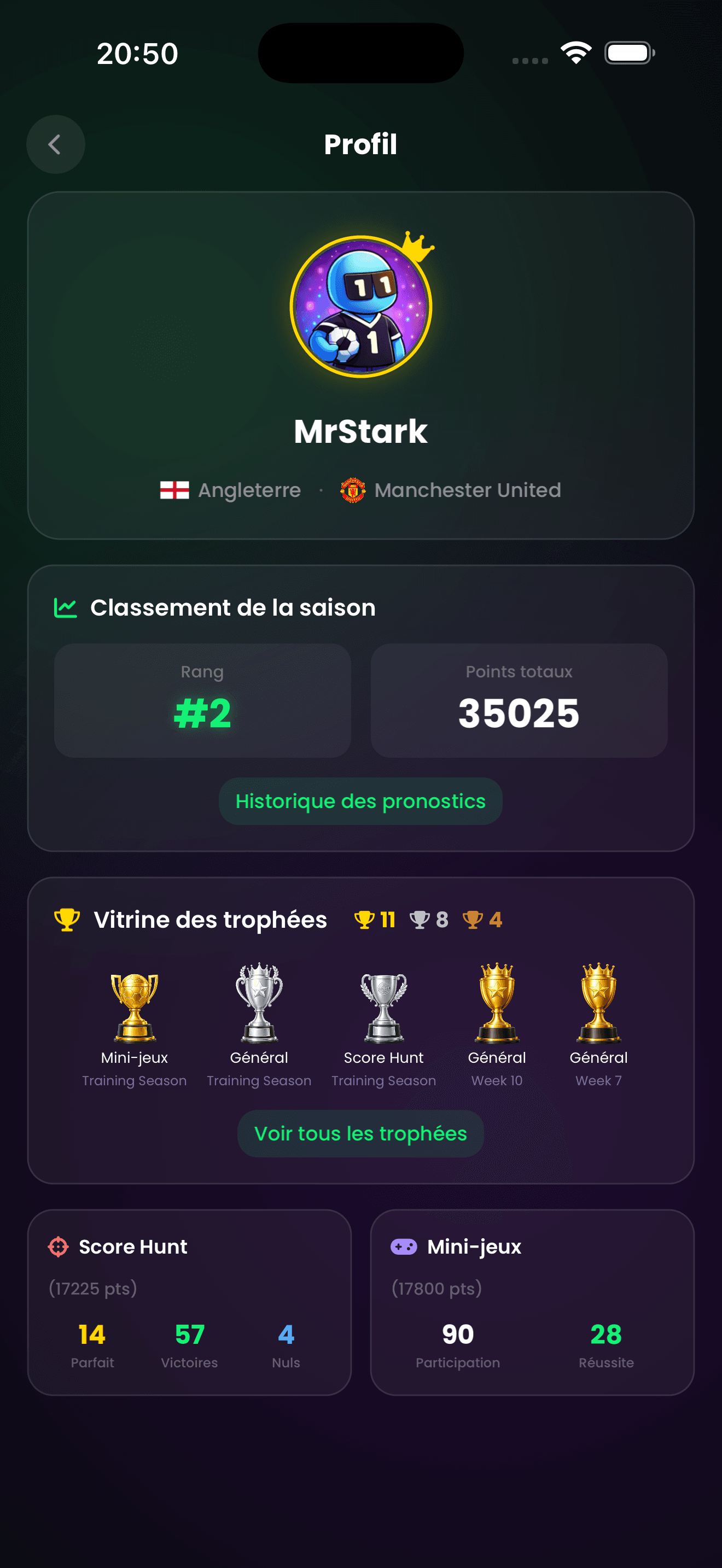 ScoreHunter app screen — user profile