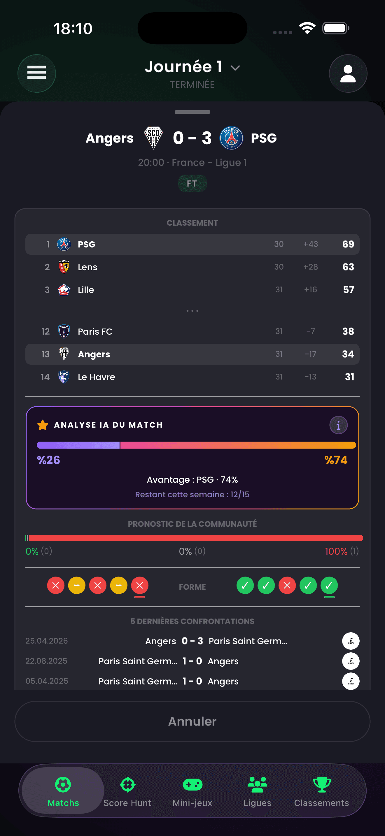 ScoreHunter app screen — match details