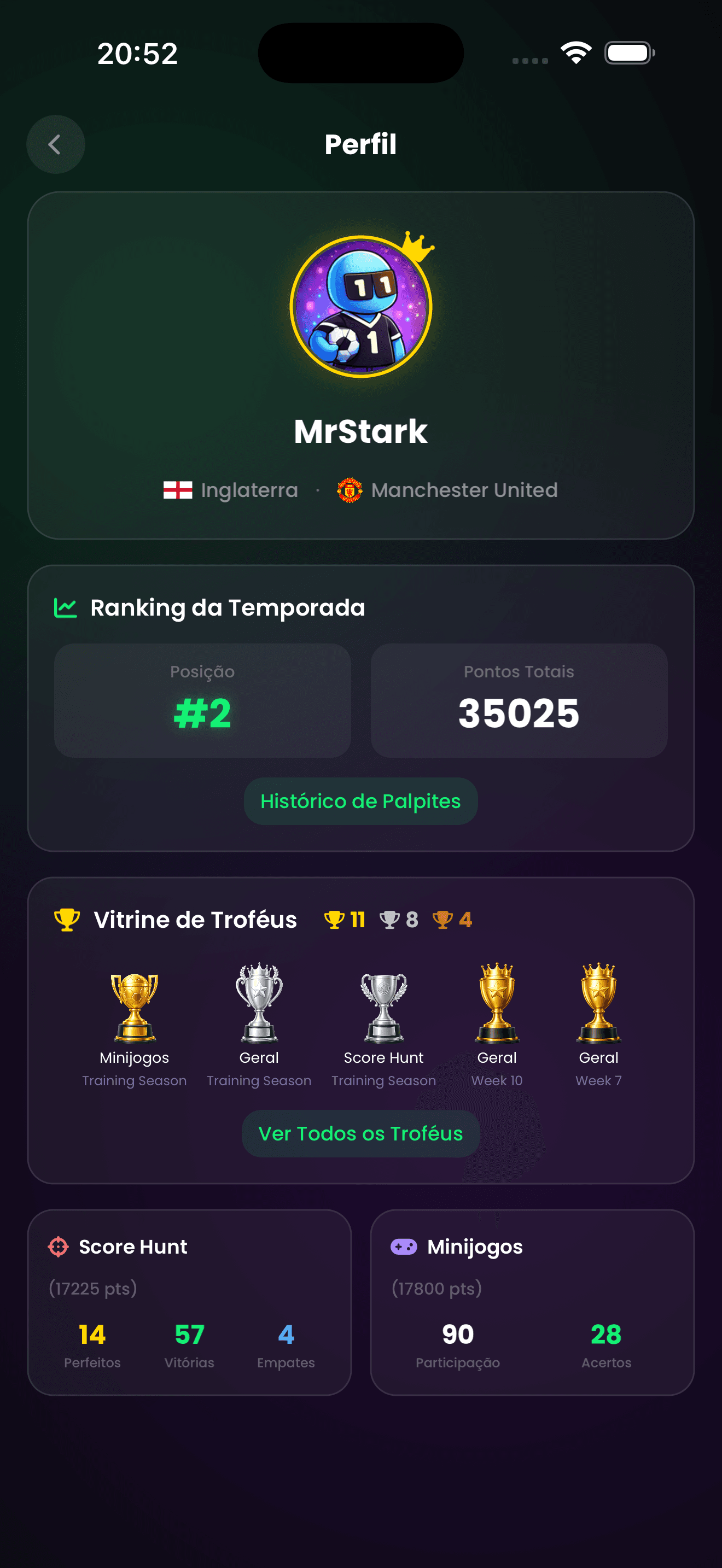 ScoreHunter app screen — user profile