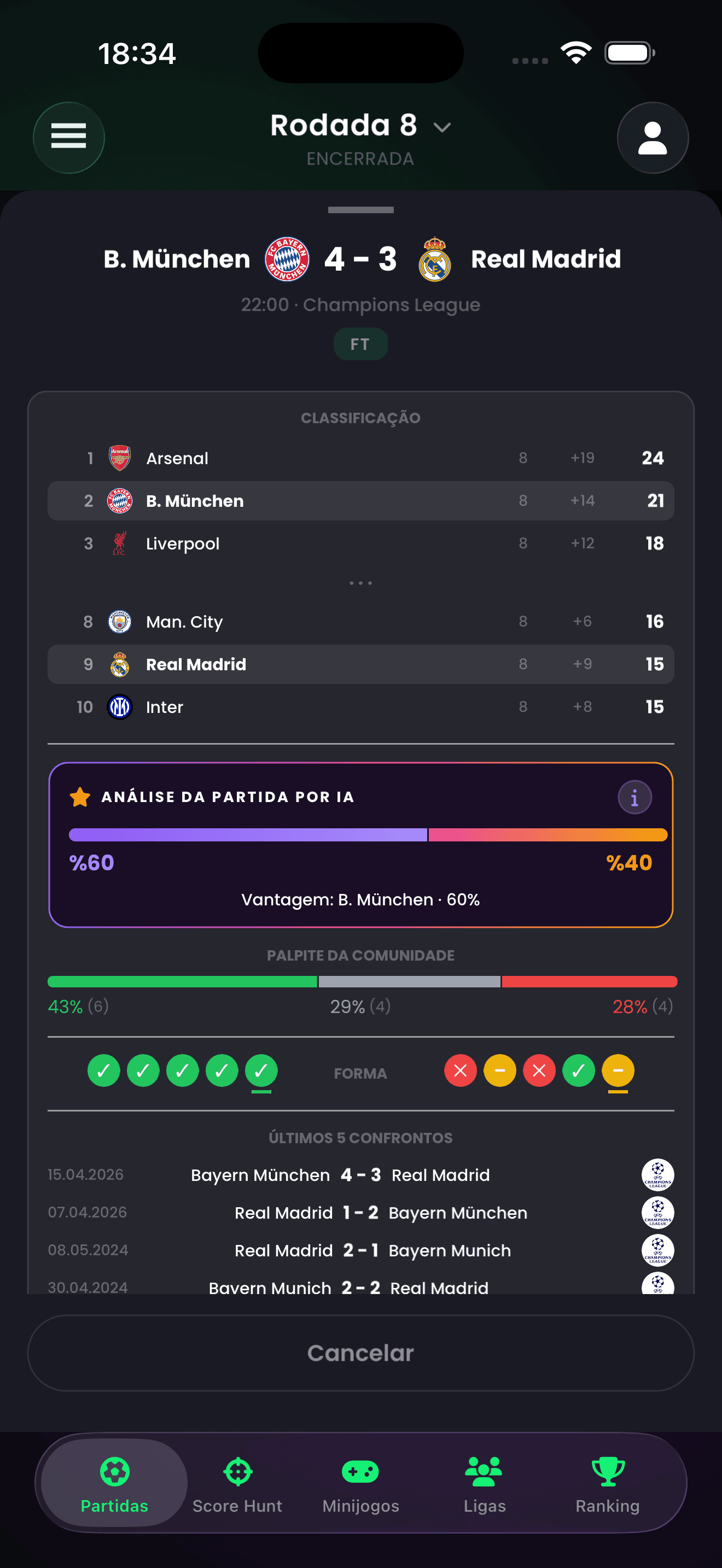 ScoreHunter app screen — match details