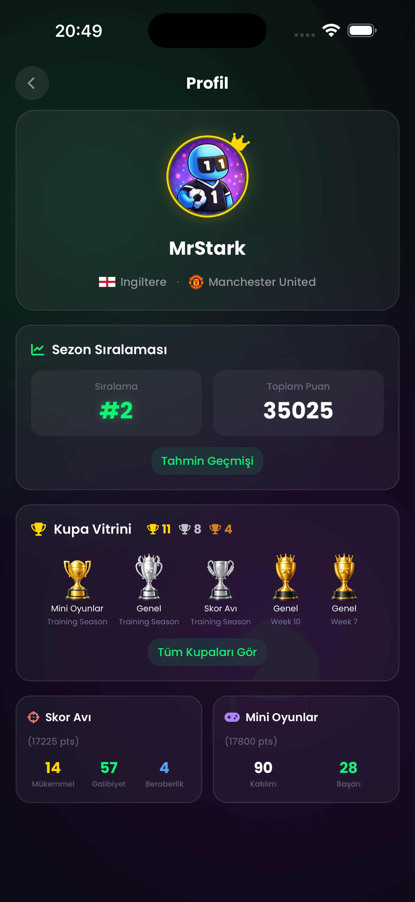 ScoreHunter app screen — user profile