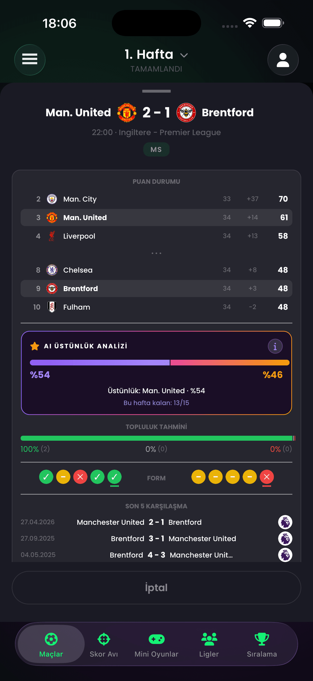 ScoreHunter app screen — match details